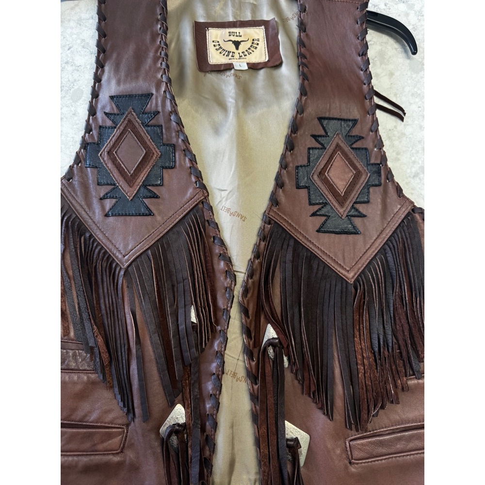 Vintage Bull Genuine Leather Western Fringe Vest Southwestern Whipstitch Mens L - Picture 14 of 15